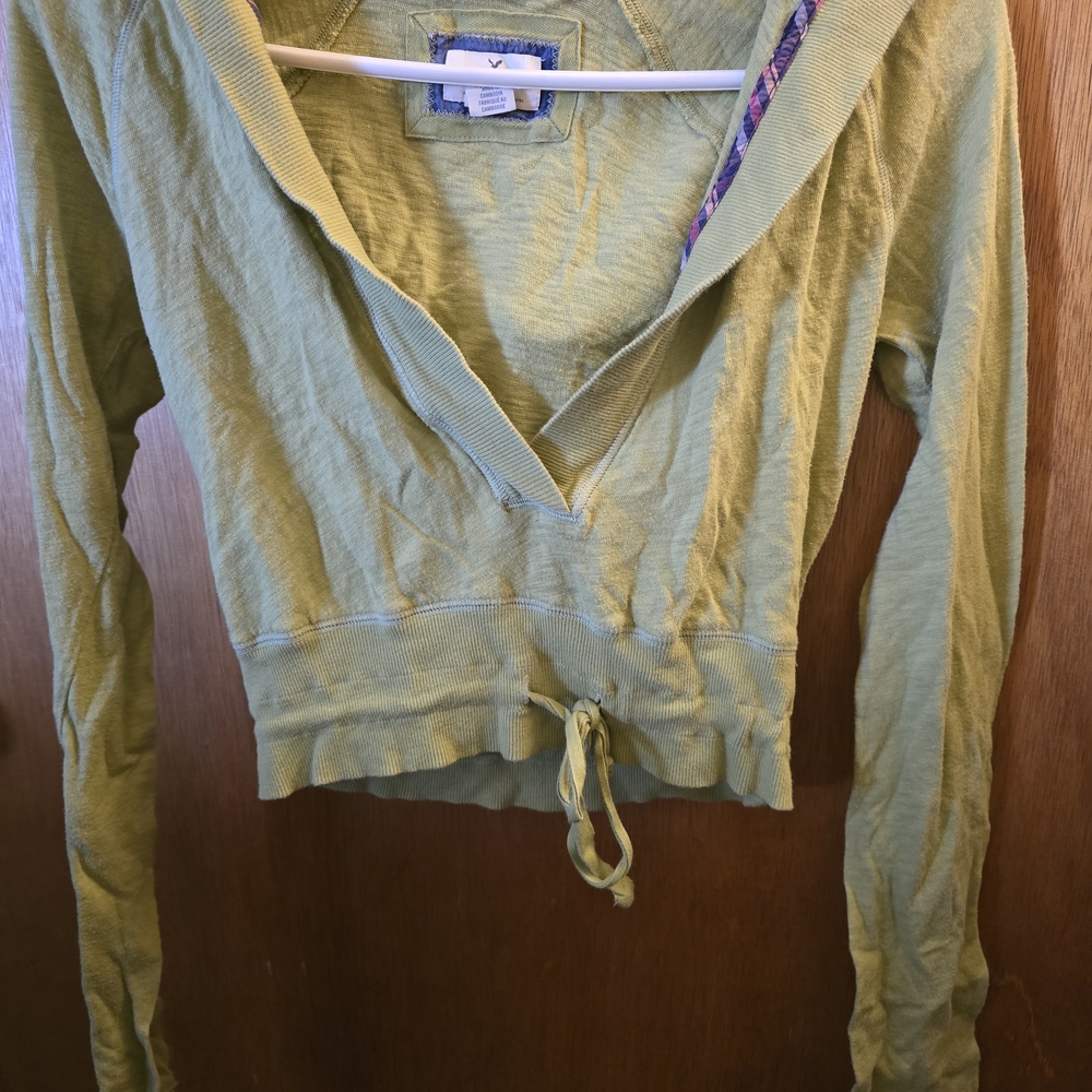 American Eagle Outfitters Olive Green V-Neck Drawstring Sweatshirt